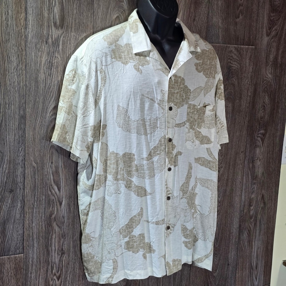 GEORGE Mens Tropical Floral Short Sleeve‎ Button Down Shirt XL Beige White NWT